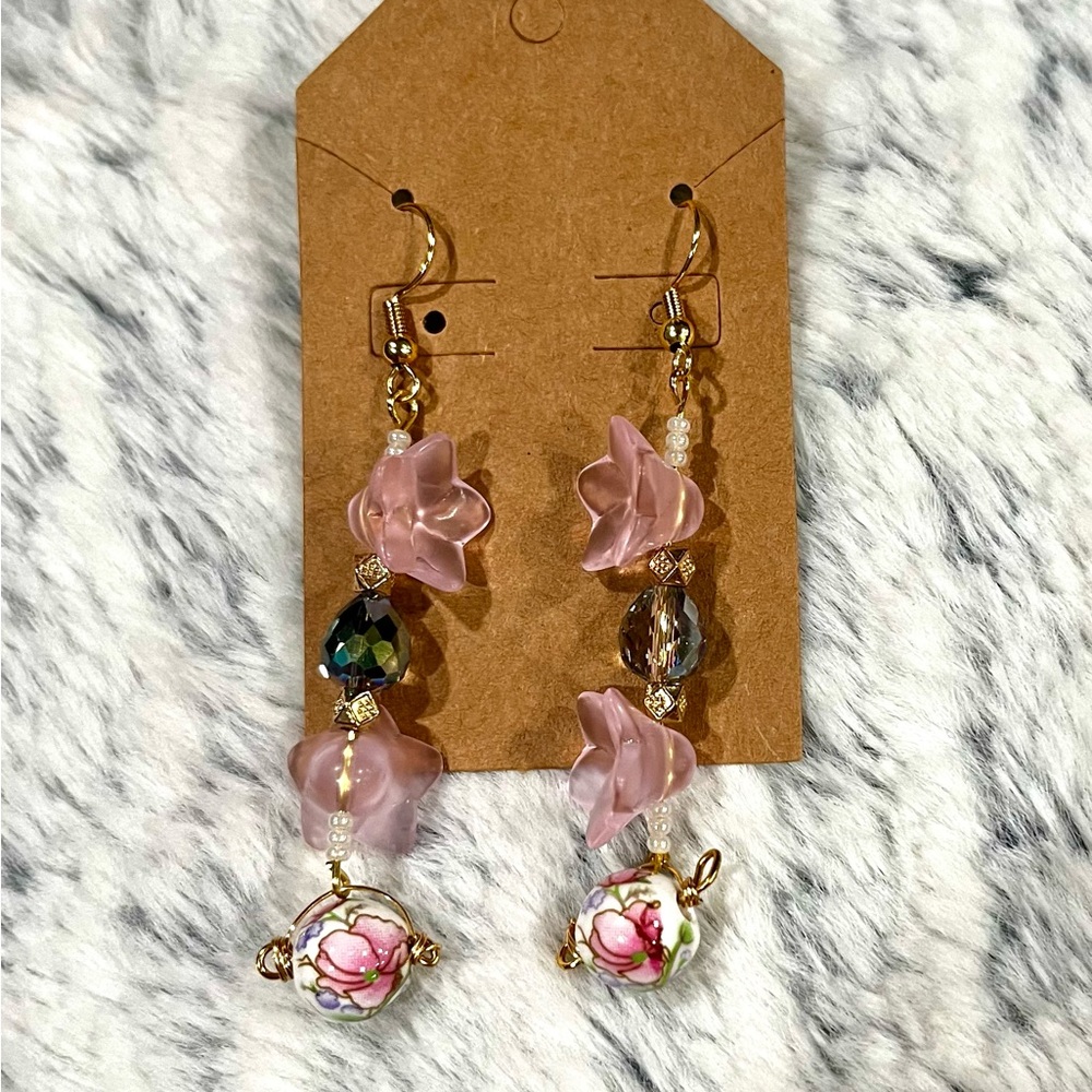 Elegant Pink Floral Gold Drop Earrings